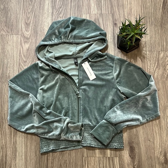 Francesca’s Mya Velour Full Zip Hoodie in Sage Green - Picture 4 of 14